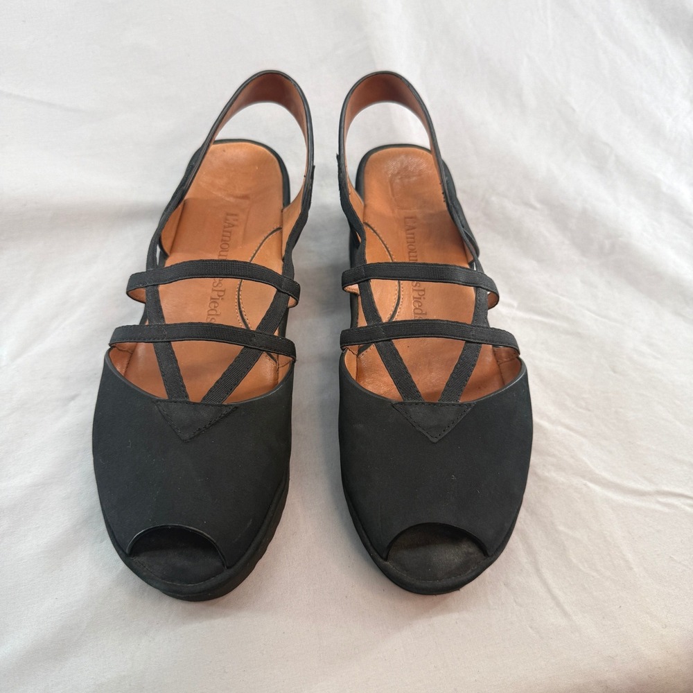 L'Amour Des Pieds Adelais Black Leather Platform Peep Toe Sandals Womens 7.5M - Picture 2 of 8